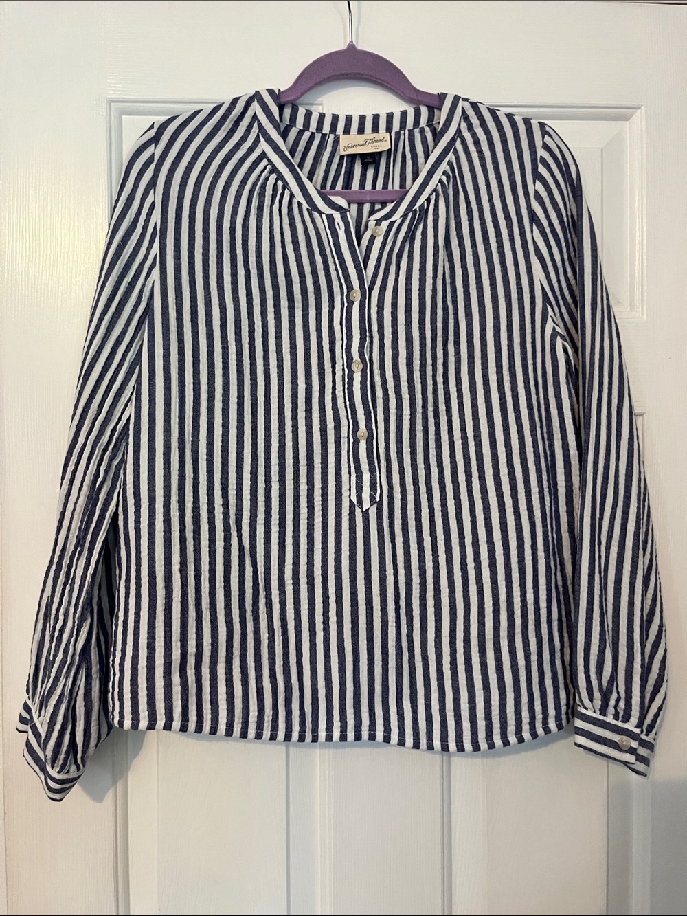 Navy and White Striped Cotton Gauze Popover Blouse